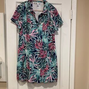 Sigrid Olsen Tropical Print Short Sleeve Dress - Navy, Teal & Pink Large pockets